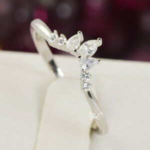 Round Marquis Diamond Enhancer Guard Ring 14K White Gold Crown Wedding Band